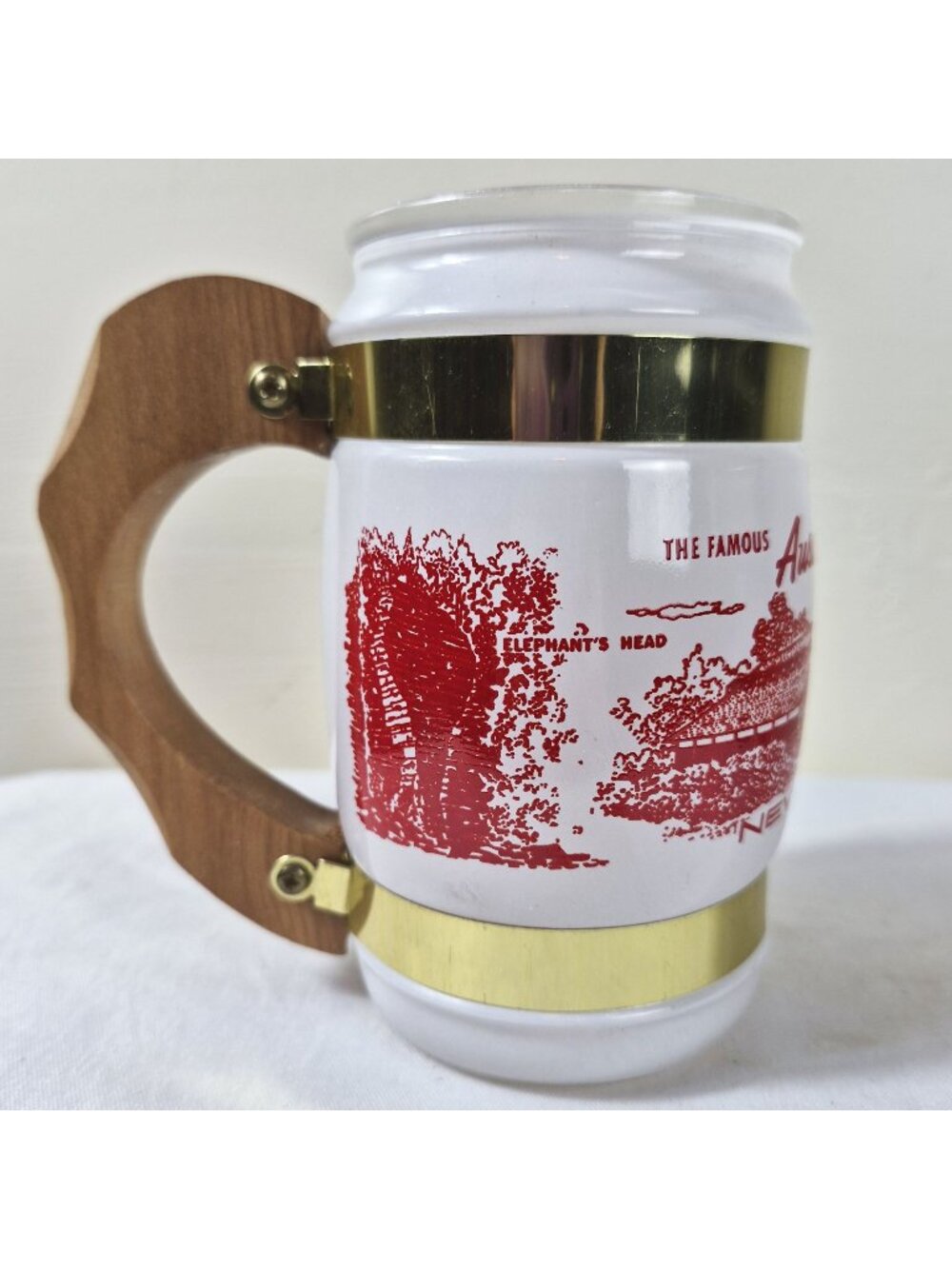 Vintage Ausable Chasm New York Souvenir Beer Stein With Wood Handle & Gold Trim